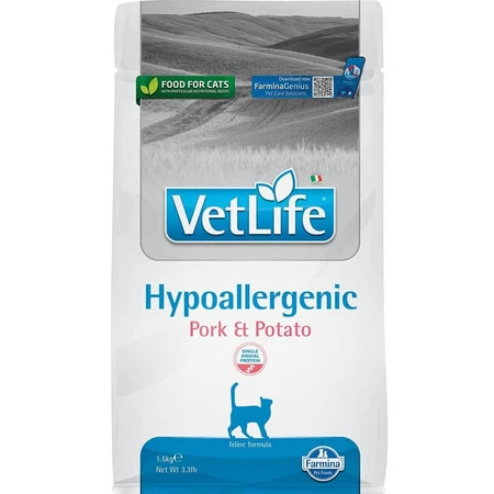 Farmina Vetlife Hypoallergenic Pork & Potato - Compleet voer voor katten met voedselintoleranties en huidaandoeningen, 1,5 kg
