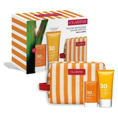 Rutina antienvejecimiento con protección solar de Clarins: crema solar corporal SPF 30, 75 ml + barra solar SPF 50 + estuche