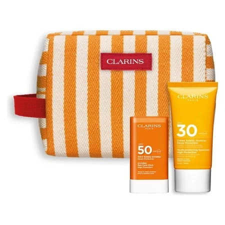 Rutina antienvejecimiento con protección solar de Clarins: crema solar corporal SPF 30, 75 ml + barra solar SPF 50 + estuche