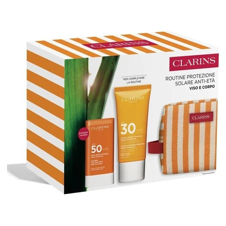 Rutina antienvejecimiento con protección solar de Clarins: crema solar corporal SPF 30, 75 ml + barra solar SPF 50 + estuche