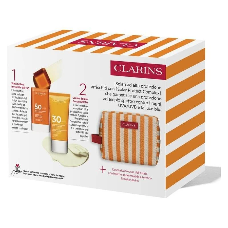 Rutina antienvejecimiento con protección solar de Clarins: crema solar corporal SPF 30, 75 ml + barra solar SPF 50 + estuche