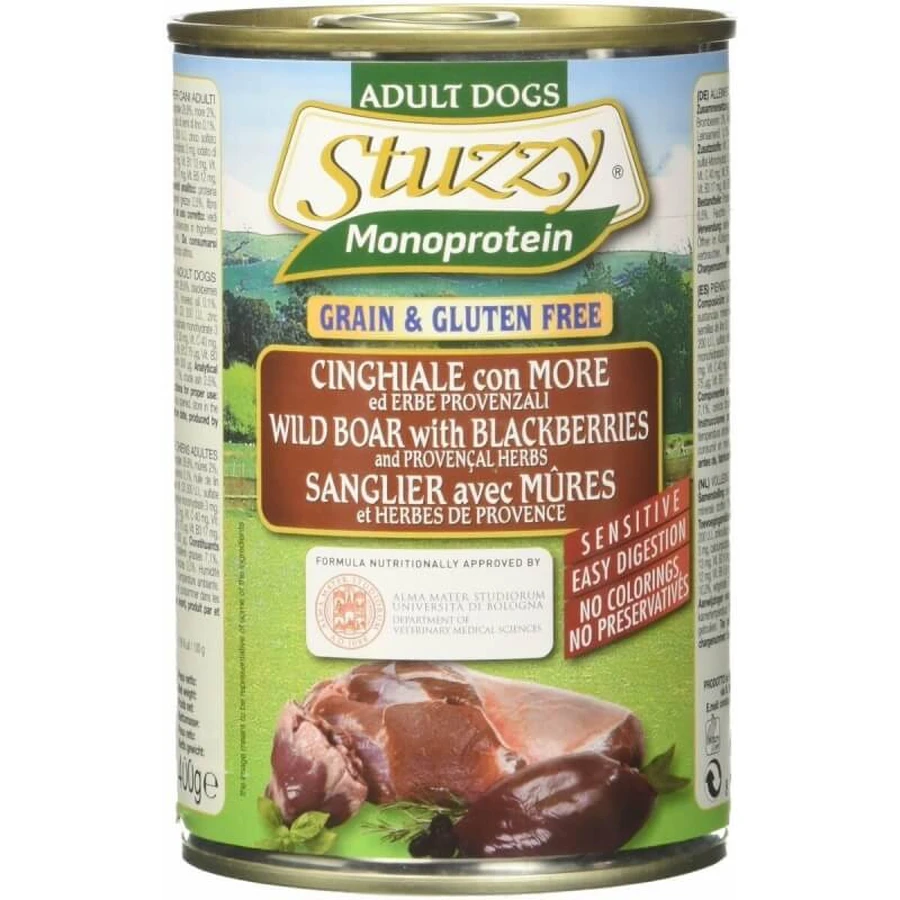 Schesir Stuzzy « Une seule protéine » : sanglier aux mûres - Aliment complet pour chiens adultes, 400 g
