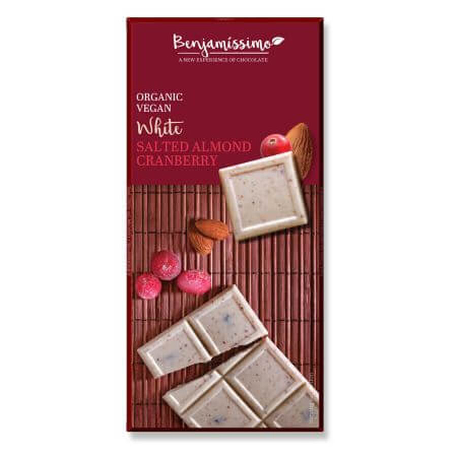 Cumpără Ciocolata Alba Bio cu migdale sarate si merisor, 70 g, Benjamissimo Ciocolata Alba Bio cu migdale sarate si merisor, 70 g, Benjamissimo