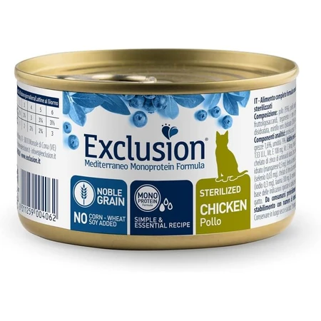 Exclusion Mediterraneo Monoprotein Sterilized Chicken - Complete Wet Food for Sterilized Adult Cats, 85 g