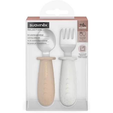 Lot de couverts de sevrage réglables Suavinex Selection, en acier inoxydable avec manches en silicone, à partir de 6 mois – Beige