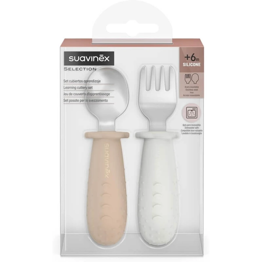 Lot de couverts de sevrage réglables Suavinex Selection, en acier inoxydable avec manches en silicone, à partir de 6 mois – Beige