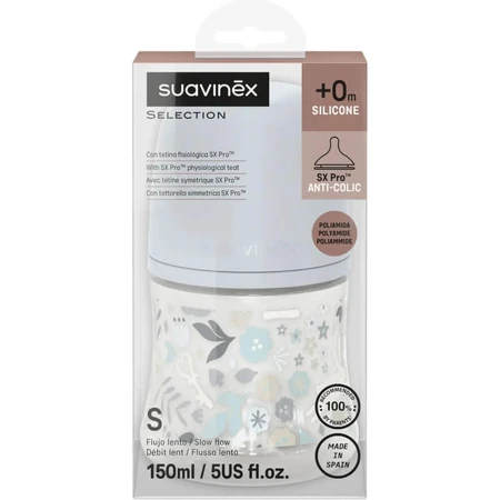 Suavinex Wonderland - Flesje met langzame doorstroming, 150 ml - lichtblauw met Liberty-print