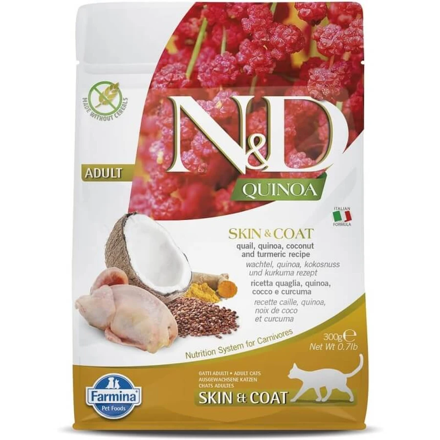 Farmina N&amp;d Quinoa para gatos adultos con codorniz, quinoa, coco y cúrcuma - Pienso para gatos adultos con intolerancias alimentarias, 300 g