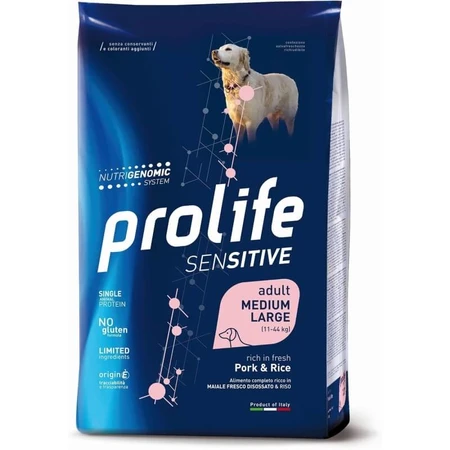 Prolife Sensitive hondenvoer voor volwassen honden met varkensvlees en rijst - Compleet voer voor volwassen honden met een gevoelige maag (kleine tot middelgrote honden), 10 kg