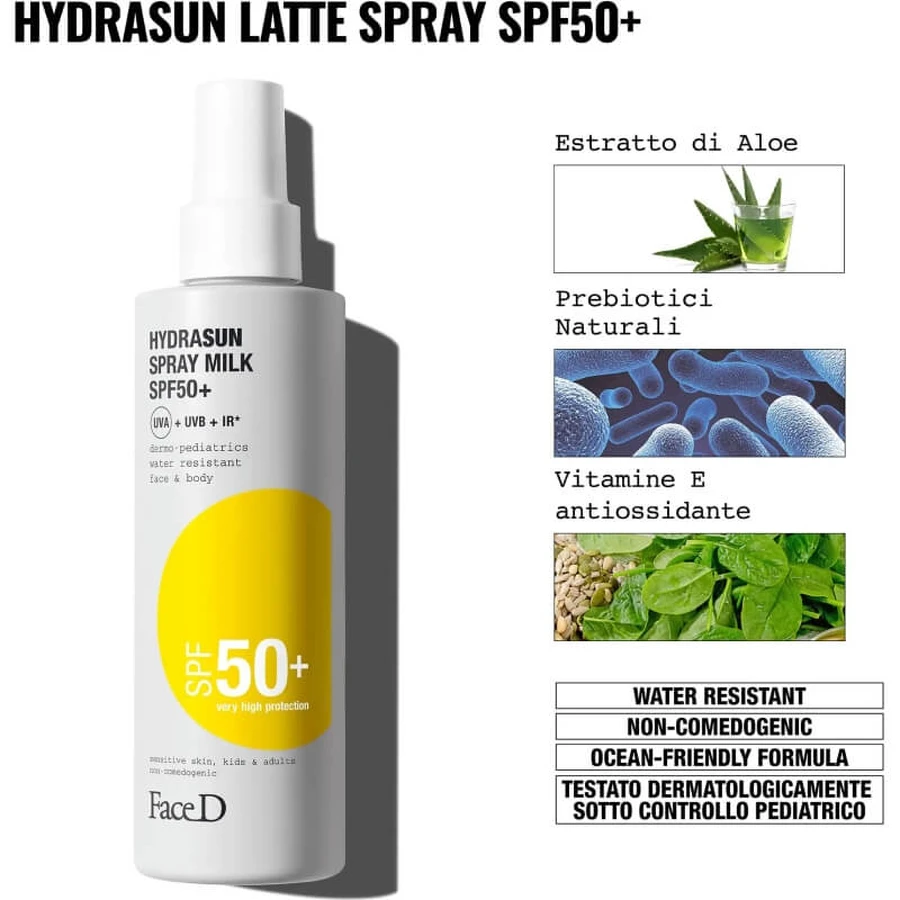 Loción solar en spray para el rostro con SPF 50+ Hydrasun, protección muy alta, 150 ml