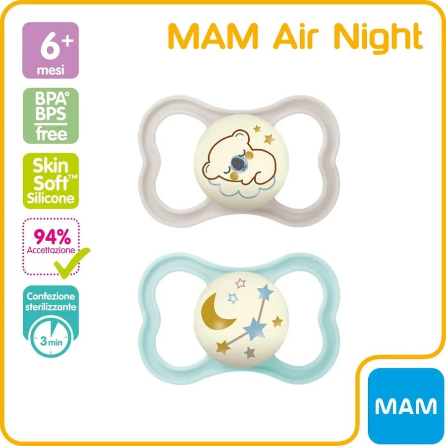 Mam Air Night – 2 Silikon-Schnuller, ab 6 Monaten, neutrale Farbe