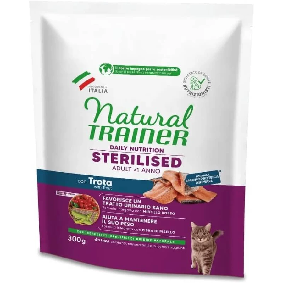 Natural Trainer Trucha para gatos adultos esterilizados - Alimento completo para gatos adultos esterilizados, 300 g