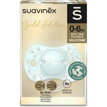 Suavinex Gold Edition 0-6 m – fopspeen met een platte, symmetrische siliconen speen – lichtblauw