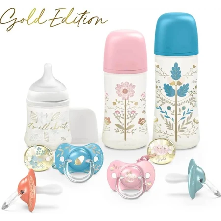 Suavinex Gold Edition 0-6 m – fopspeen met een platte, symmetrische siliconen speen – lichtblauw