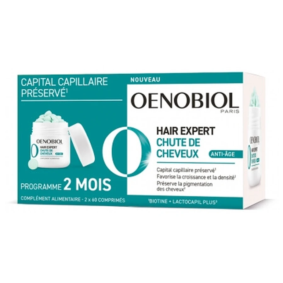 Oenobiol Hair Expert: tratamiento antienvejecimiento contra la caída del cabello, envase de 2 x 60 comprimidos