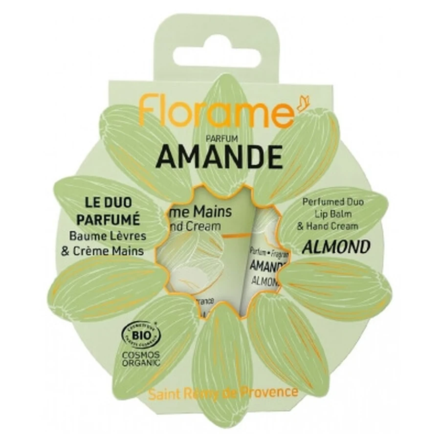 Dúo con aroma a almendra de Florame: bálsamo labial de 15 ml + crema de manos de 30 ml (ecológico)