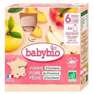 Babybio Apple, Pear, and Peach, 6 Months and Up, Organic, 4 Pouches of 90 g