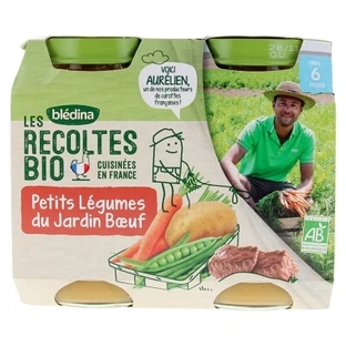Blédina Les Récoltes Bio: Groenten uit de kleine tuin met rundvlees — biologisch — voor baby’s vanaf 6 maanden — 2 potjes