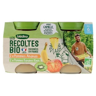 Blédina Les Récoltes Bio: Manzanas y piñas + Manzanas, plátanos y kiwis — Para bebés a partir de los 6 meses — Ecológico — 4 tarros