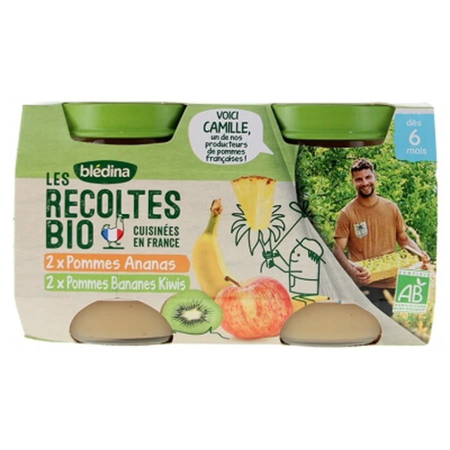 Blédina Les Récoltes Bio: Manzanas y piñas + Manzanas, plátanos y kiwis — Para bebés a partir de los 6 meses — Ecológico — 4 tarros