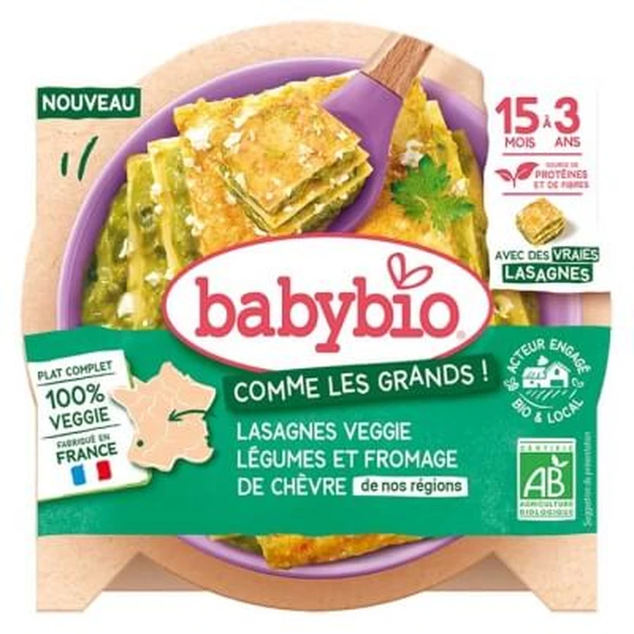 Lasaña vegetariana Babybio con verduras y queso de cabra, de 15 meses a 3 años, ecológica, 200 g