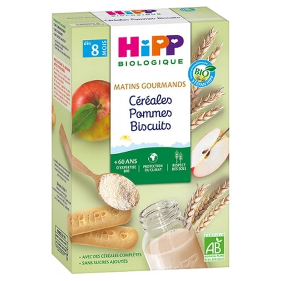 HiPP Matins Gourmands: cereales ecológicos, manzana y galletas para bebés a partir de los 8 meses, 250 g