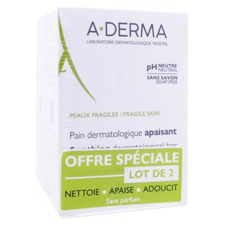 Jabón dermatológico calmante A-DERMA, paquete de 2 (100 g cada uno)