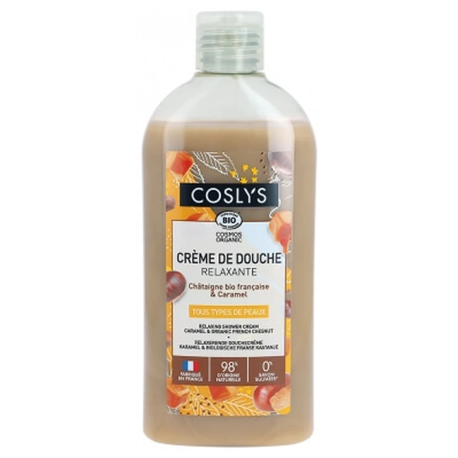 Crema de ducha relajante de caramelo y castaña ecológica de Coslys, 250 ml