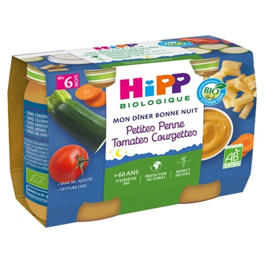 HiPP My Goodnight Dinner: Kleine penne met tomaten en courgette, vanaf 6 maanden, biologisch, 2 potjes
