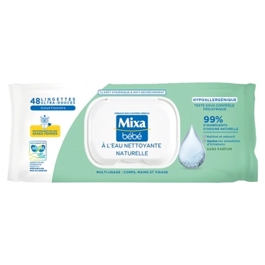 Toallitas húmedas de agua limpiadora natural Mixa Baby, 48 toallitas