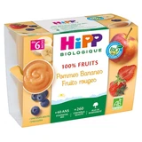 HiPP 100 % fruta: manzanas, plátanos y frutos del bosque — Para bebés a partir de los 6 meses — Ecológico — 4 tarros