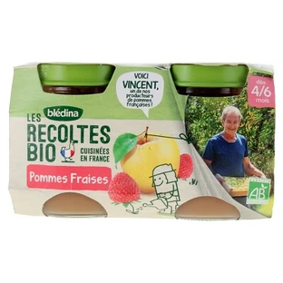 Blédina Organic Harvests: Manzanas y fresas, para bebés de 4 a 6 meses en adelante, ecológicas, 2 tarros