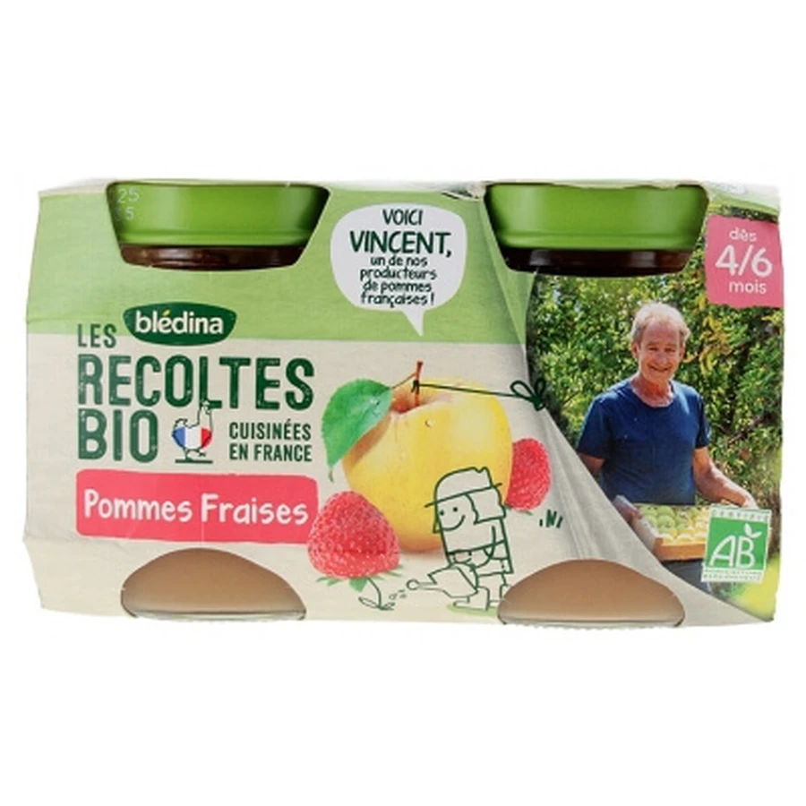 Blédina Organic Harvests: Manzanas y fresas, para bebés de 4 a 6 meses en adelante, ecológicas, 2 tarros
