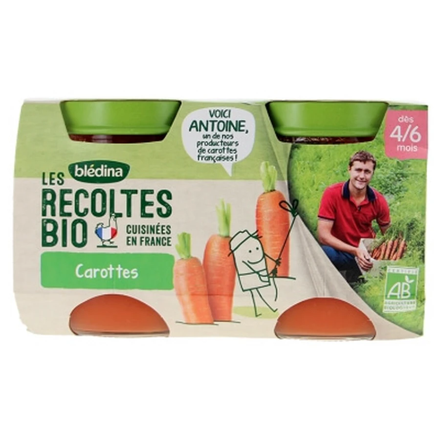 Blédina Les Récoltes Bio Wortelen, voor baby’s vanaf 4–6 maanden, biologisch, 2 potjes