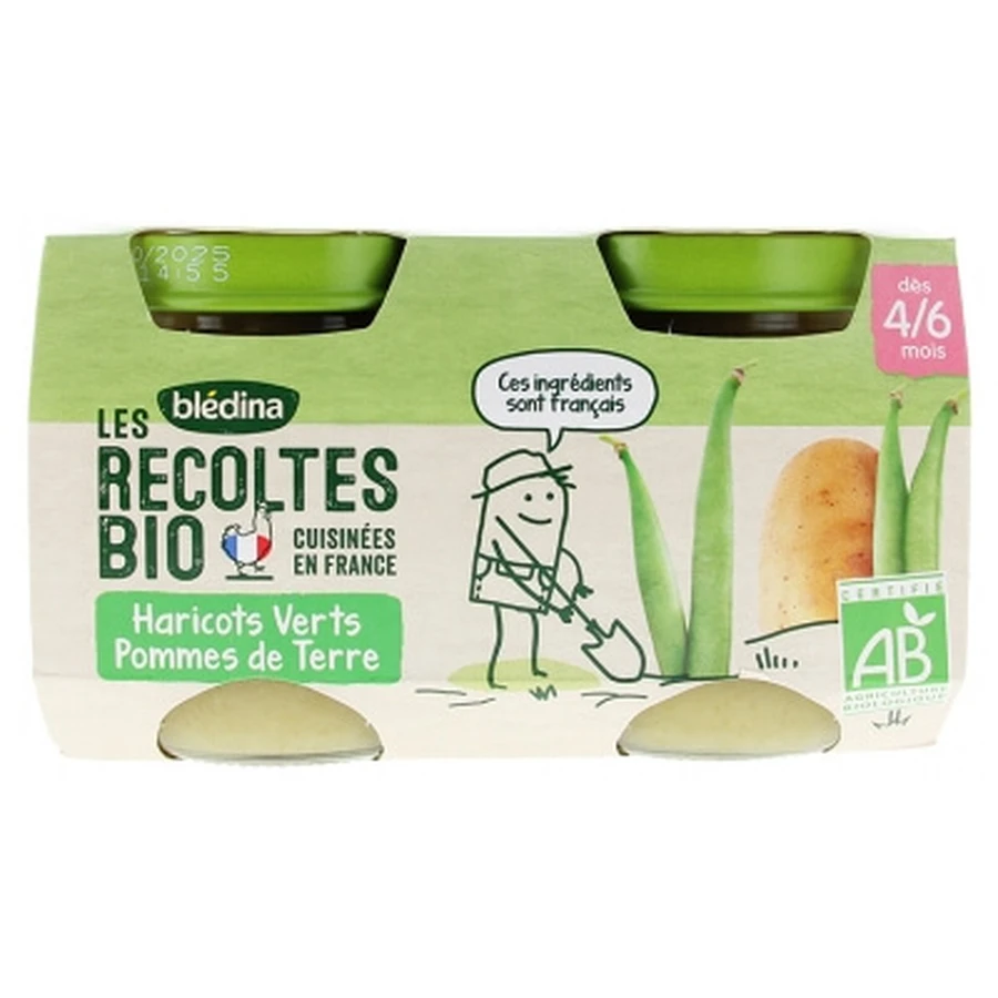 Blédina Les Récoltes Bio: sperziebonen en aardappelen, voor baby’s vanaf 4–6 maanden, biologisch, 2 potjes