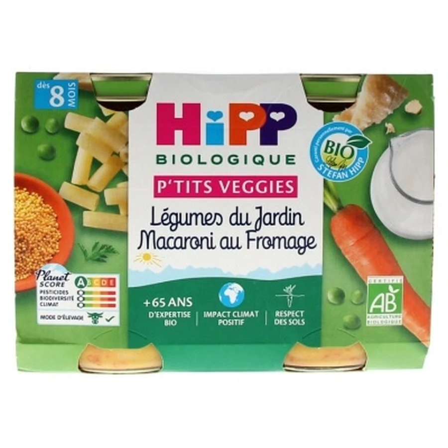 HiPP P'tits Veggies Tuingroenten met macaroni en kaas, vanaf 8 maanden, biologisch, 2 potjes