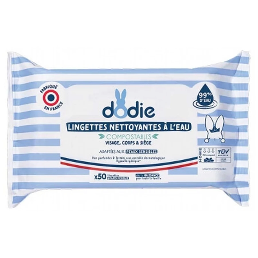 Dodie Compostable Water-Based Cleansing Wipes, 50 Wipes, Large Size