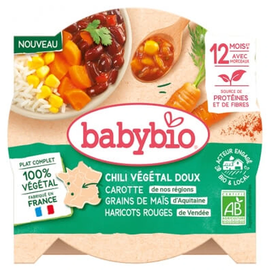 Babybio: Chili suave de verduras con zanahorias, granos de maíz y alubias rojas, a partir de los 12 meses, ecológico, 230 g