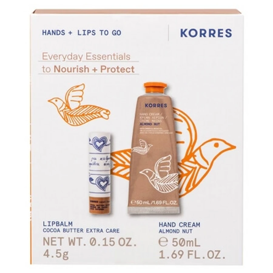 Korres Amandel- en notenvochtinbrengende handcrème 50 ml + Korres Getinte lippenbalsem met cacaoboter 4,5 g