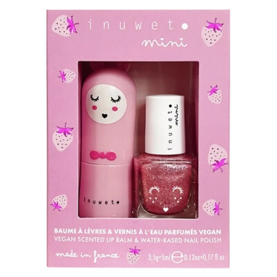 Inuwet Mini-Set: Lippenbalsam 3,5 g + Nagellack auf Wasserbasis mit Erdbeerduft 5 ml