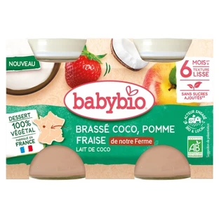 Babybio: Mezcla de coco, manzana y fresa con leche de coco, a partir de los 6 meses, ecológica, 2 tarros de 130 g cada uno