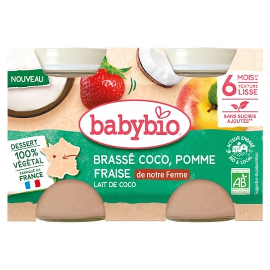 Babybio: Mezcla de coco, manzana y fresa con leche de coco, a partir de los 6 meses, ecológica, 2 tarros de 130 g cada uno