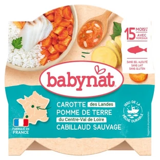 Babybio Babynat: zanahoria, patata y bacalao salvaje, a partir de los 15 meses, 260 g
