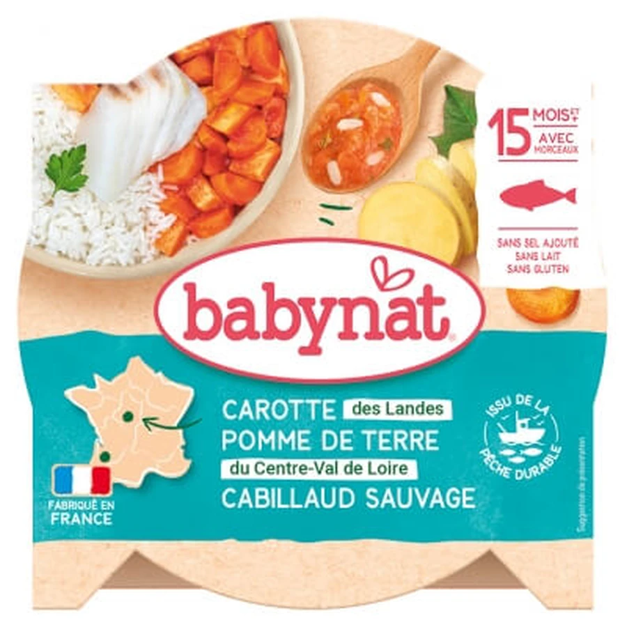 Babybio Babynat: zanahoria, patata y bacalao salvaje, a partir de los 15 meses, 260 g