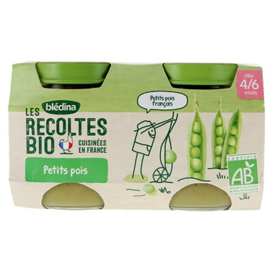 Blédina Les Récoltes Bio Organic Peas, for Babies 4–6 Months and Up, 2 Jars