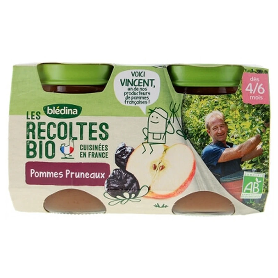 Blédina Les Récoltes Bio Äpfel und Pflaumen, ab 4–6 Monaten, Bio, 2 Gläser