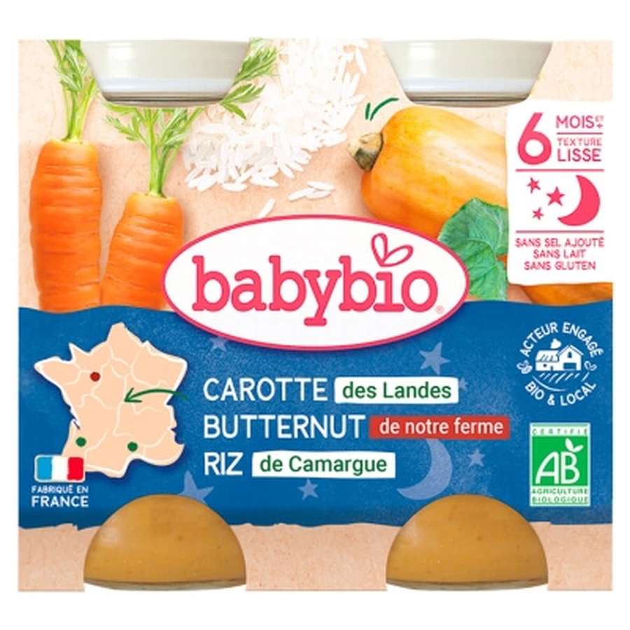 Babybio Good Night: wortel, flespompoen en rijst — vanaf 6 maanden — biologisch, 2 potjes van elk 200 g