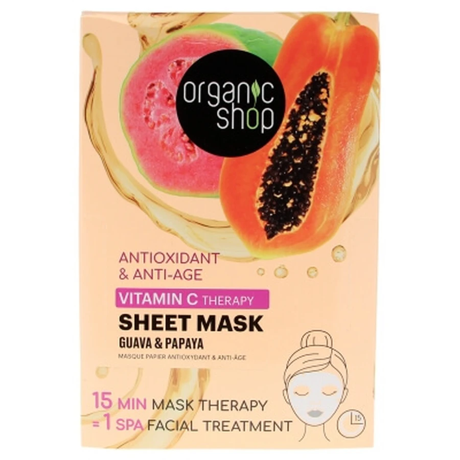 Organic Shop: Mascarilla en láminas antioxidante y antienvejecimiento de guayaba y papaya, 1 mascarilla, 25 g