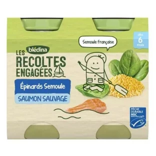 Blédina "Les Récoltes Engagées" Spinazie, griesmeel en wilde zalm — Voor baby’s vanaf 6 maanden — 2 potjes