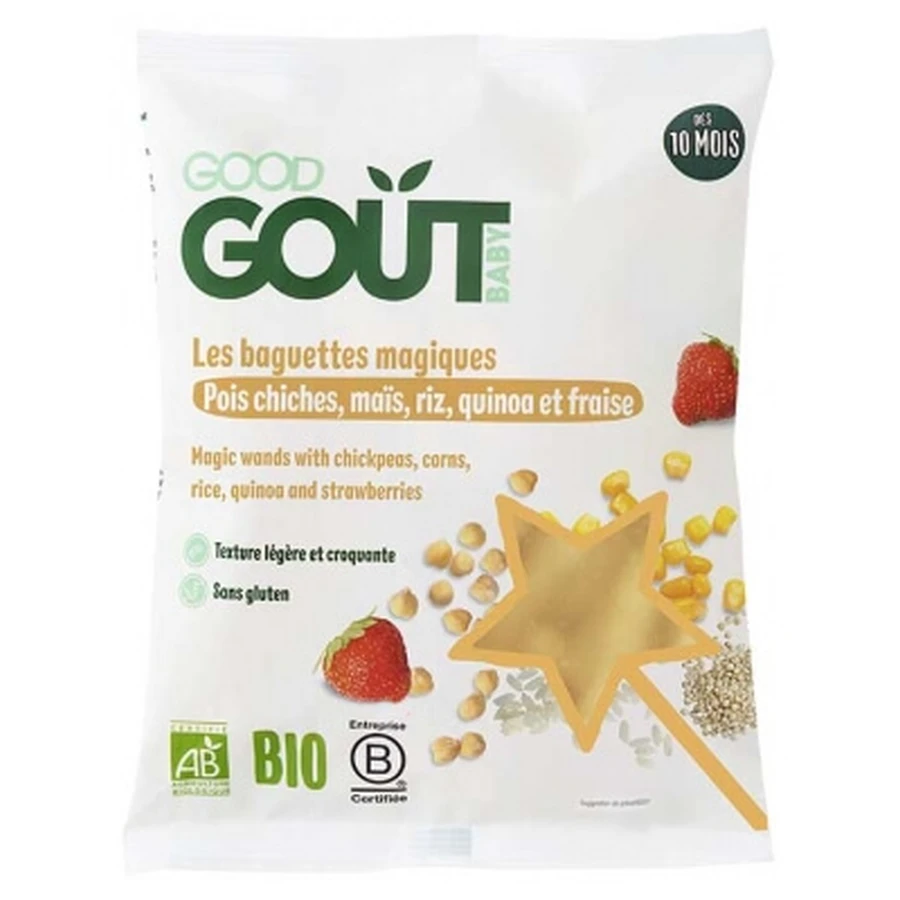 Good Goût Magic Sticks met kikkererwten, maïs, rijst, quinoa en aardbeien — Voor baby’s vanaf 10 maanden — Biologisch — 35 g